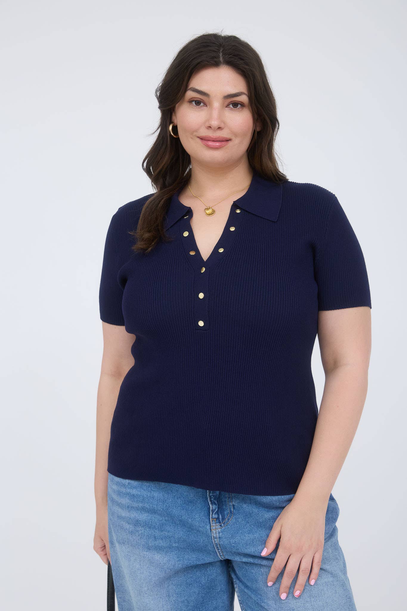 The Workshop Studio - Wholesale Knit Top - Women's - PLUS GOLD SNAP BUTTON SWEATER KNIT POLO14