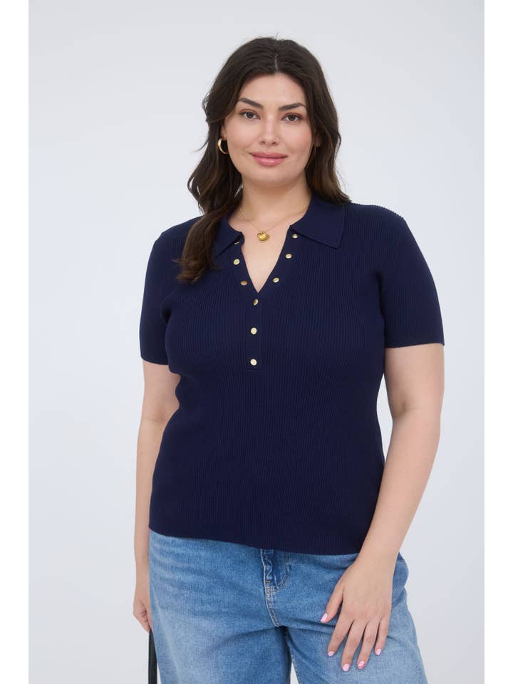 The Workshop Studio - Wholesale Knit Top - Women's - PLUS GOLD SNAP BUTTON SWEATER KNIT POLO14