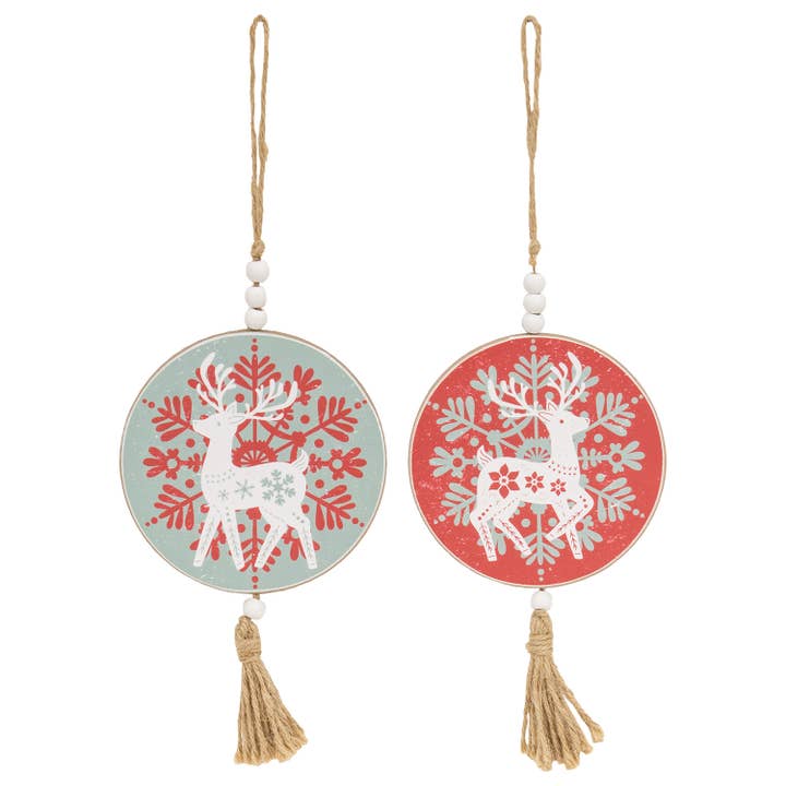 Yuletide Folklore Round Wooden Reindeer Ornament - 2 Asstd. for wholesale by Col House Designs