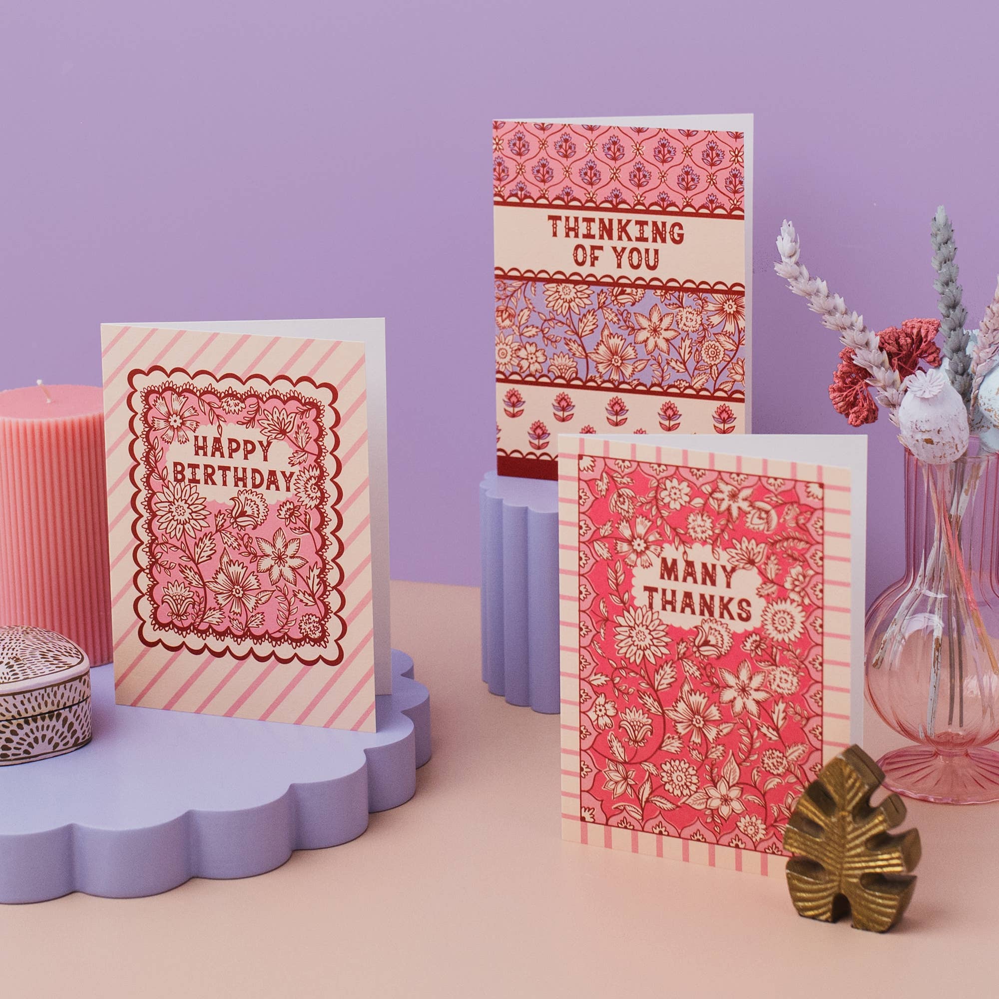 Jessie Maeve Studio - Wholesale Birthday Card - Indian Floral Pink Birthday Card - Stripe & Floral Design1