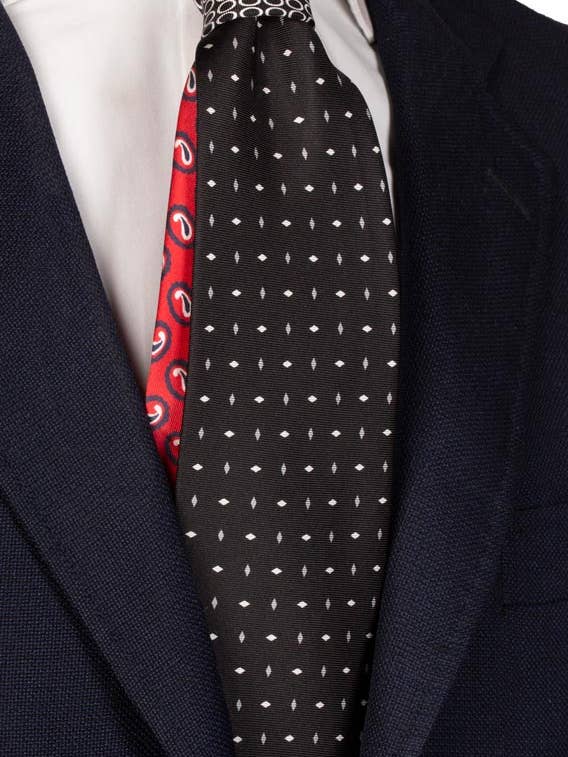 Black Tie with White Gray Pattern Print and Black White Contrast Knot N2453 for wholesale by Graffeo Cravatte