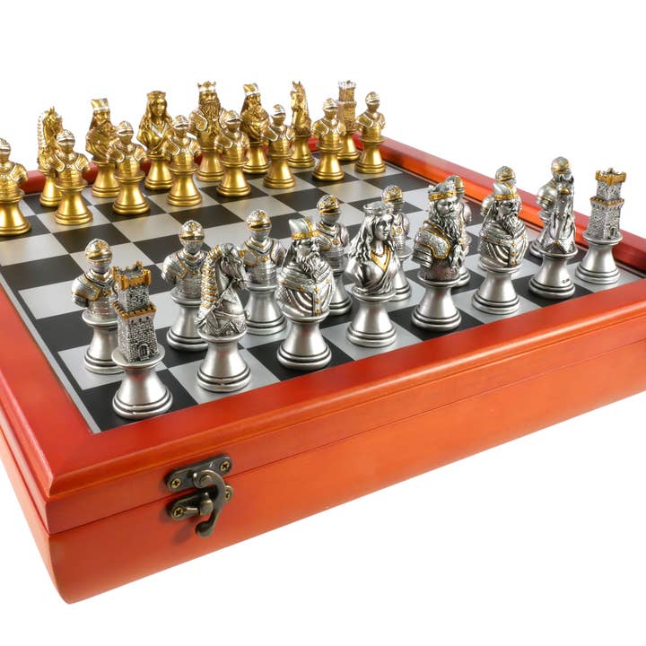 WorldWise Imports - Wholesale Board Game - Chess Set - Gold/Silver Camelot Resin Men on Cherry Chest