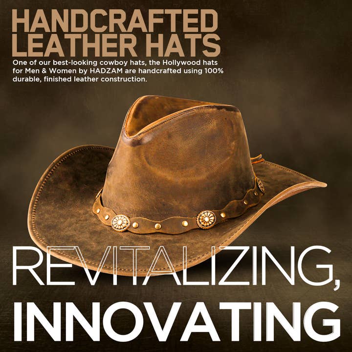 Hadzam - Wholesale Cowboy Hat - Unisex - Unisex Shapeable Brown Wide Brim Western Leather Cowboy Hat