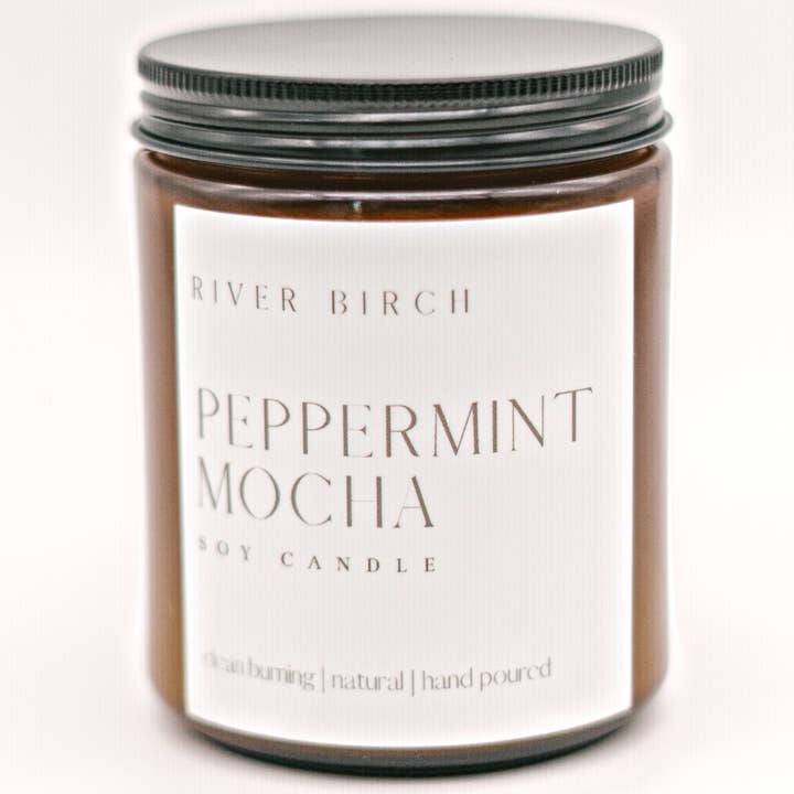 8.5oz Peppermint Mocha - Amber Jar - Soy Candle for wholesale by River Birch Candles