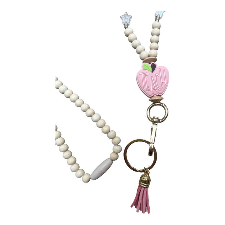 The Spotted Zebras - Wholesale Lanyard - Women's - Teacher lanyard with pink TEACH apple Gift Back to School2