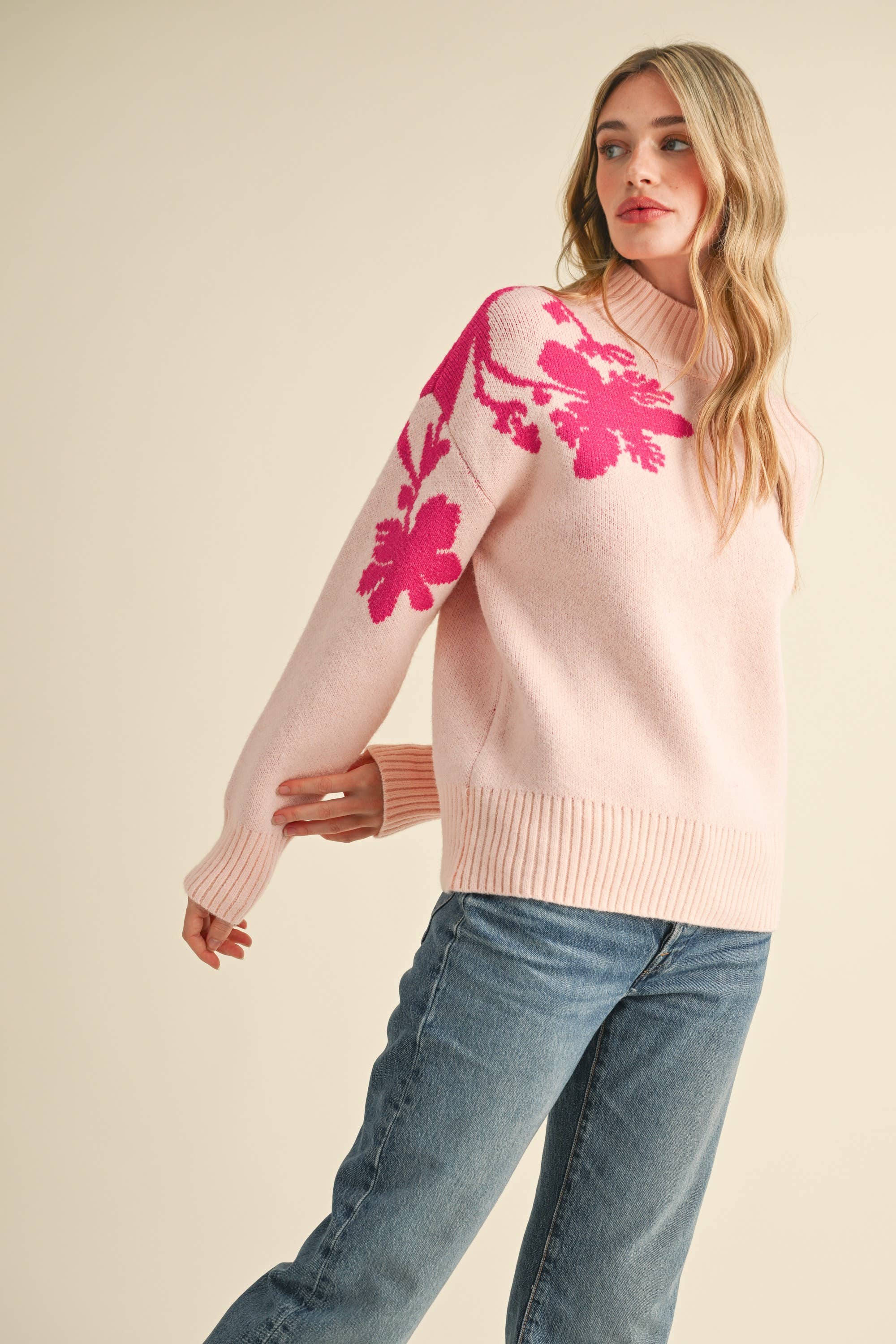 &MERCI - Wholesale Knit Sweater - Women's - MOCK NECK FLORAL SWEATER MSW107714