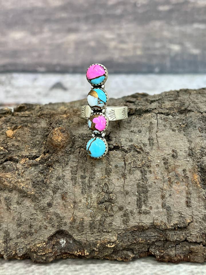 Handmade Sterling Silver Cotton Candy Turquoise Adjustable Ring with Signed Nizhoni (7) for wholesale by Nizhonitradersllc
