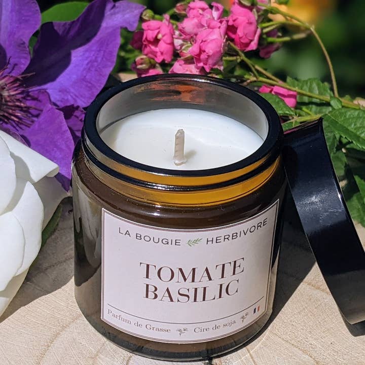 Tomato basil scented candle with vegetable soy wax 90g for wholesale by LA BOUGIE HERBIVORE