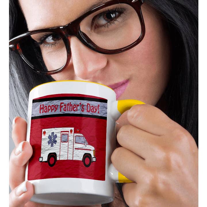 3dRose - Wholesale Coffee Mug - 3dRose, Ambulance, Happy Fathers Day, Crumpled Effects, White, Red, Blue, Mug1
