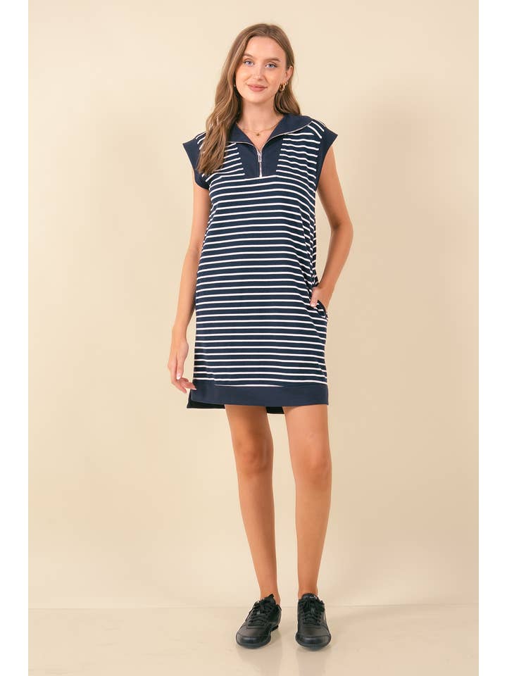 Doe and Rae - Wholesale Dress - Women's - STRIPED FRENCH MINI DRESS W/ SIDE POCKETS - 27871D4