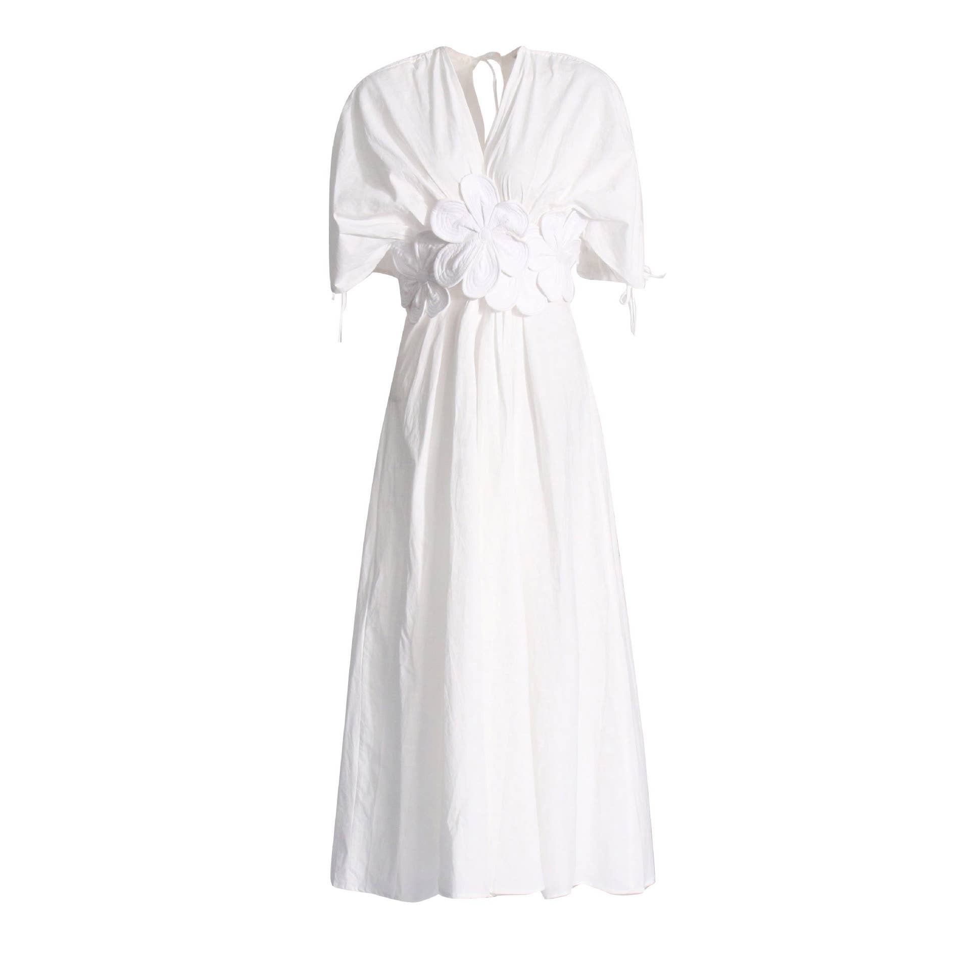 Branco SY185 Elegante Vestido Longo com Colagem Floral com Decote em V e Cintura Alta para venda a revendedores na Faire0