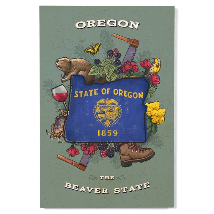 LETRERO DE MADERA PREMIUM Oregón, Tesoro del Estado, Serie Estatal para venta al por mayor de Lantern Press