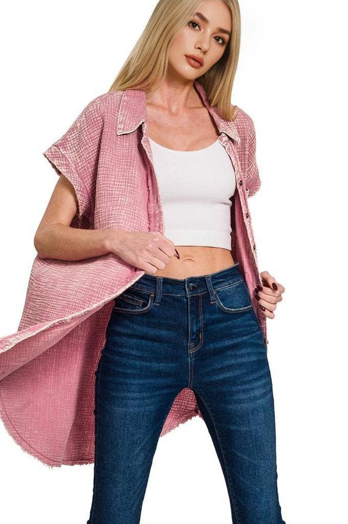 42POPS - Wholesale Dress - Women's - `.Washed Double Gauze Button Down Shirt Dress0