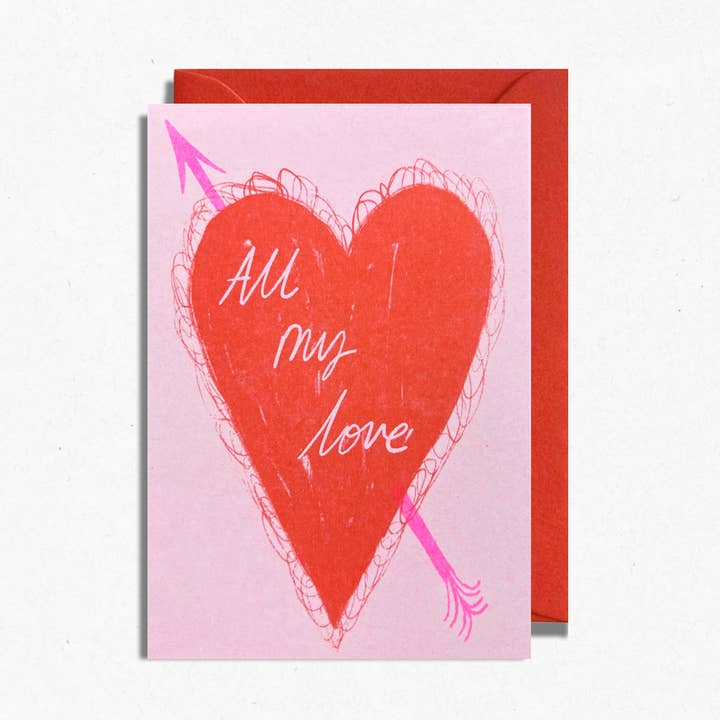 'All My Love' Card | Risograph Printed | Valentines Heart for wholesale by Hot Pink Press