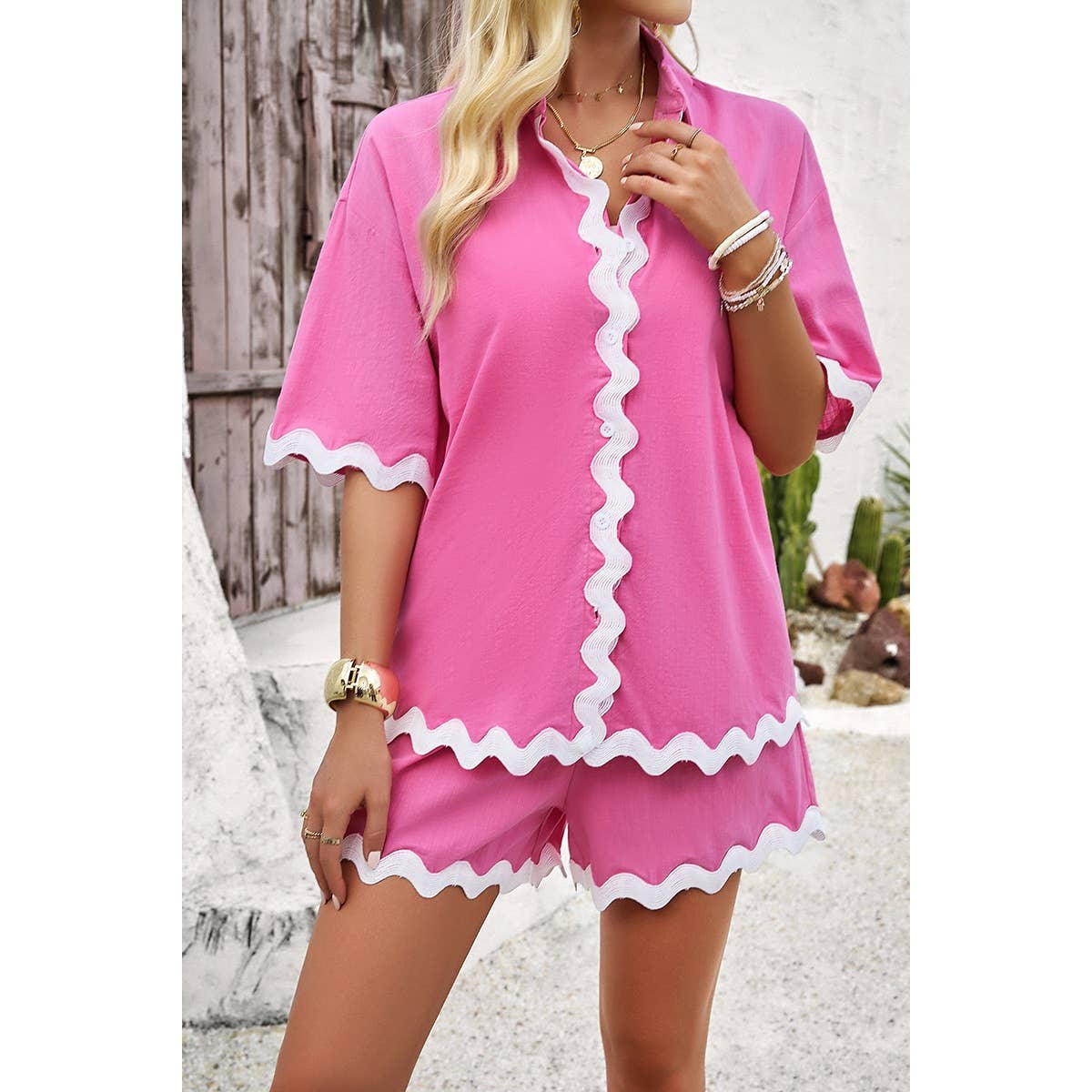 FUCHSIA Bølge Interlaced Linned Løs Pasform Shorts Sæt for engroshandel på Faire1