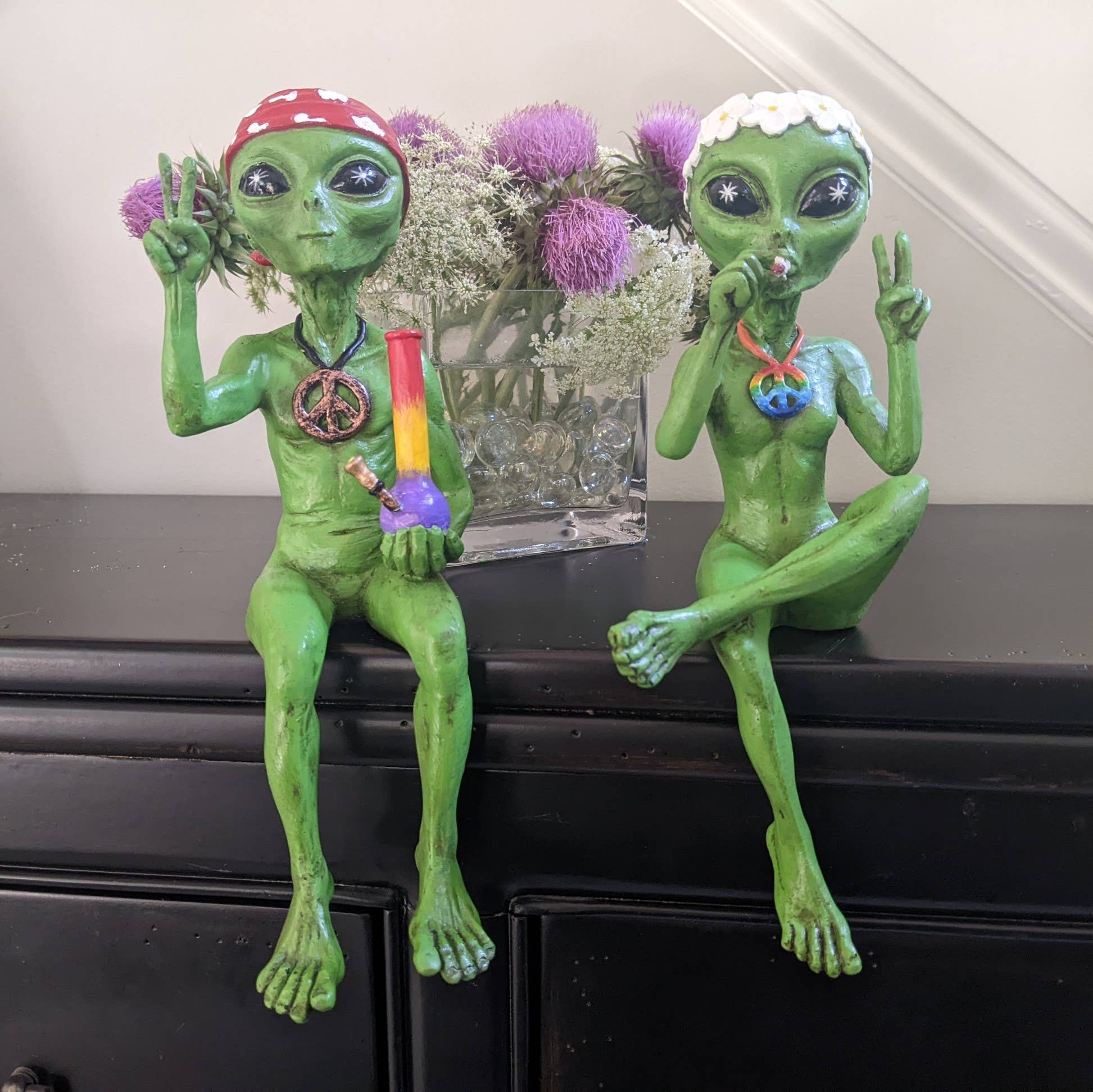John Bernard & Company - Wholesale Decorative Figurine - “Hippie and Stoner” 10 Inch H Alien Shelf Sitter Statues6