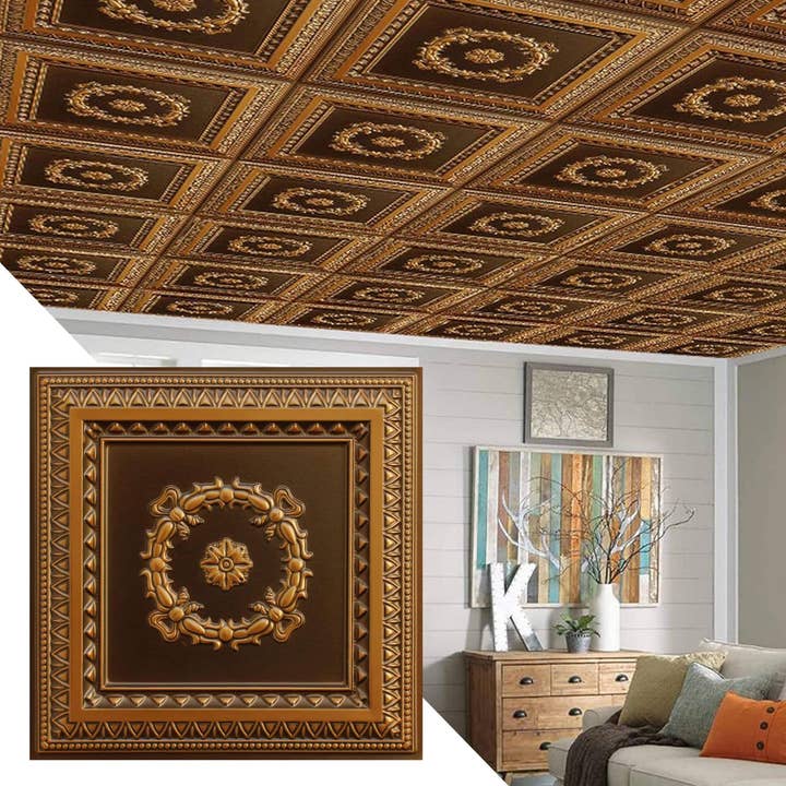 Dalles de plafond en PVC, 2 pi x 2 pi, à coller ou à encastrer, nettoyables, étanches - Or antique rustique traditionnel pour la vente par Dundee Deco