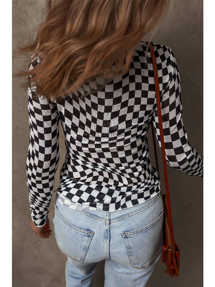 PartyEight - Wholesale Blouse - Women's - Checkered Pattern Mesh Mock Neck Long Sleeve Top9