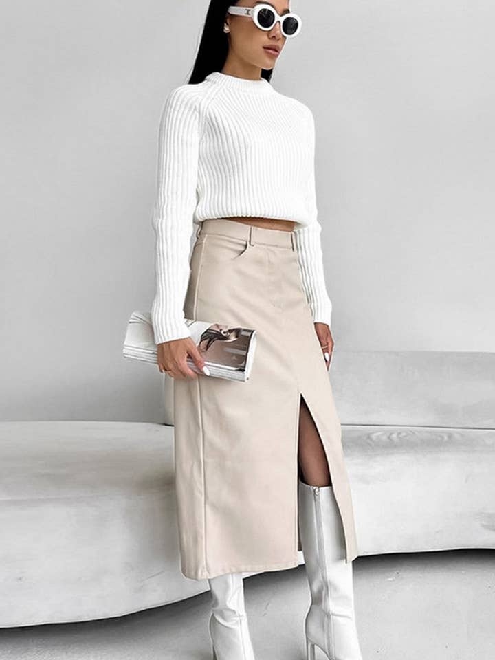 NINEXIS - Wholesale Skirt - Women's - CWBMS0250_VINTAGE PLUS VELVET PU LEATHER SLIT SKIRT