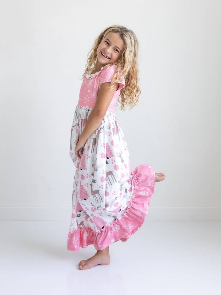 Oopsie Daisy - Wholesale Nightdress - Kids - Kids Pink Christmas Holiday Reindeer Ruffle Lounge Play Gown