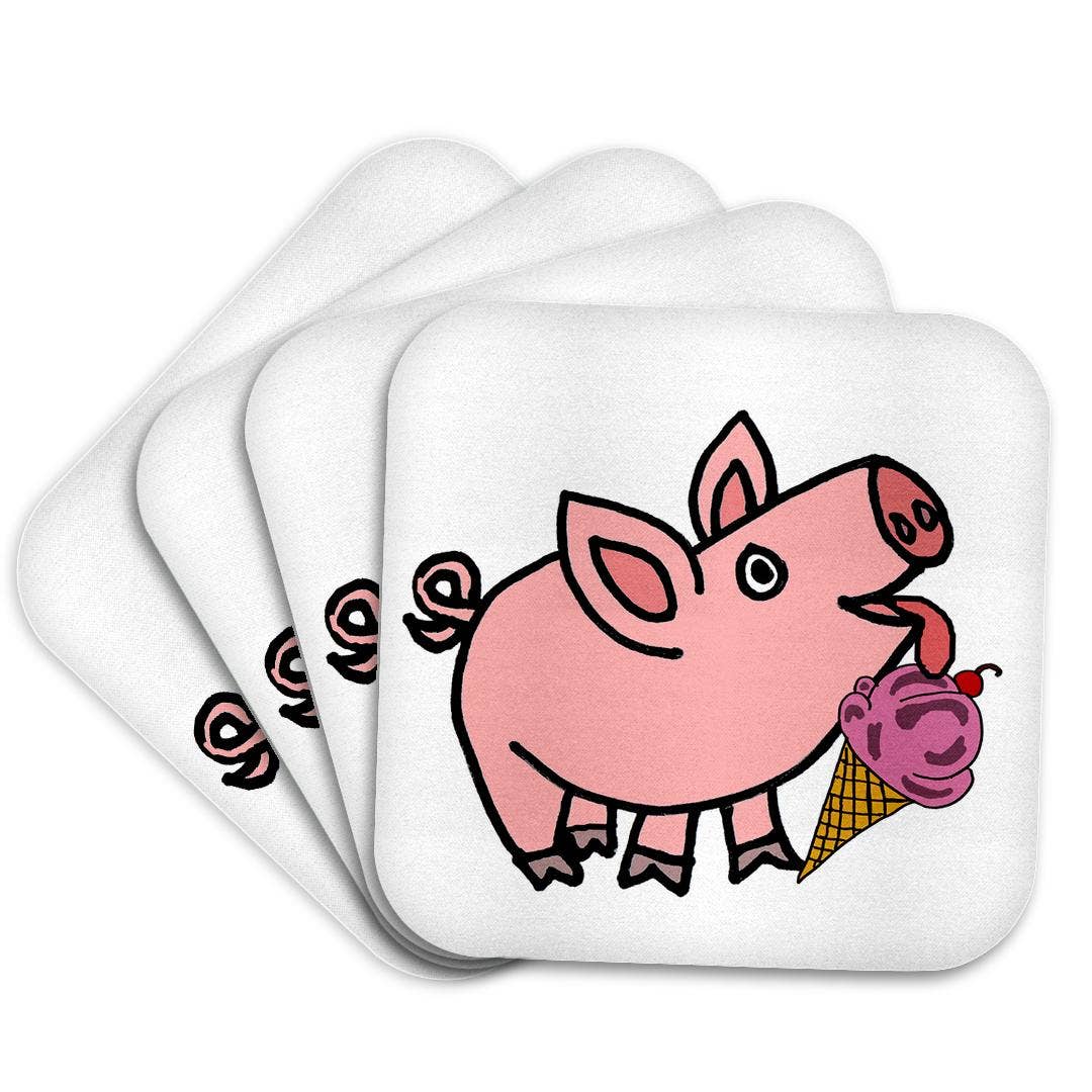 3dRose - Wholesale Coasters - 3dRose, Funny Cool Pink Pig eating ice Cream Cone Cartoon, Coaster7