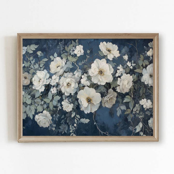 White Flowers on Navy Background Art Print for wholesale by Paper House Print Shop