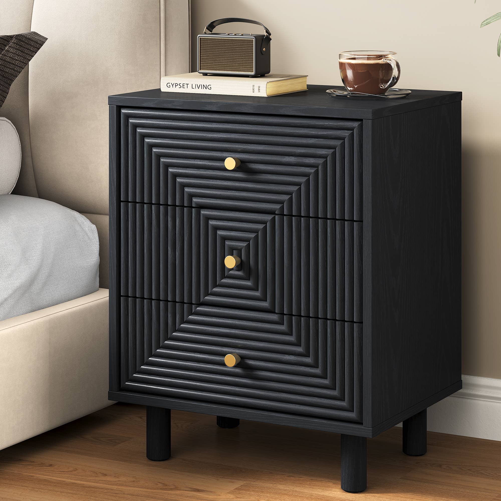 Heynemo - Wholesale Cabinet - Black 3 Drawer Nightstand, Small Dresser Wooden Storage1