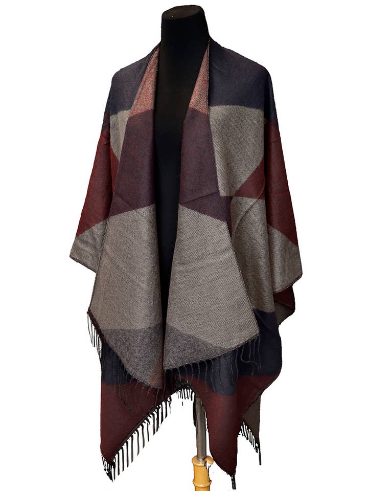 Cap Zone - Wholesale Poncho - Women's - Color Block Western Oversized Ruana Poncho