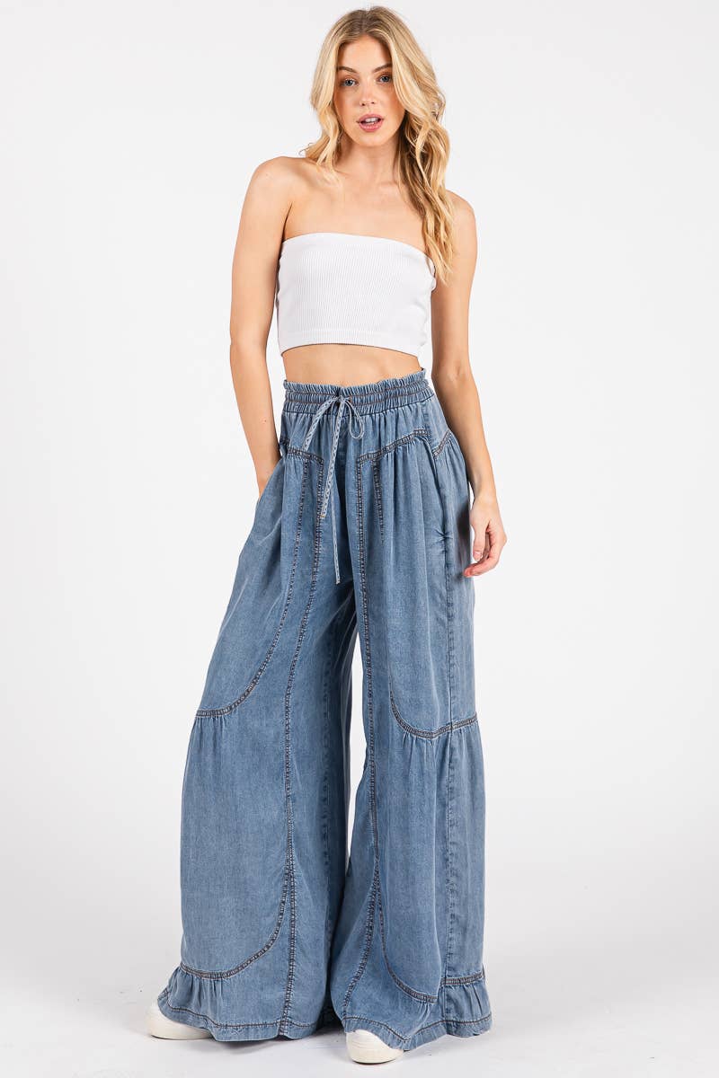 DENIM MINERAL WASHED WESTERN WIDE LEG PALAZZO CHAMBRAY PANTS for wholesale on Faire1