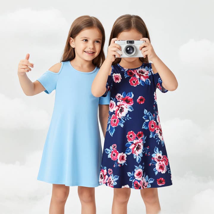 2pcs Kid Girl Floral & Solid Hollow-out Casual Dresses for wholesale by PatPat
