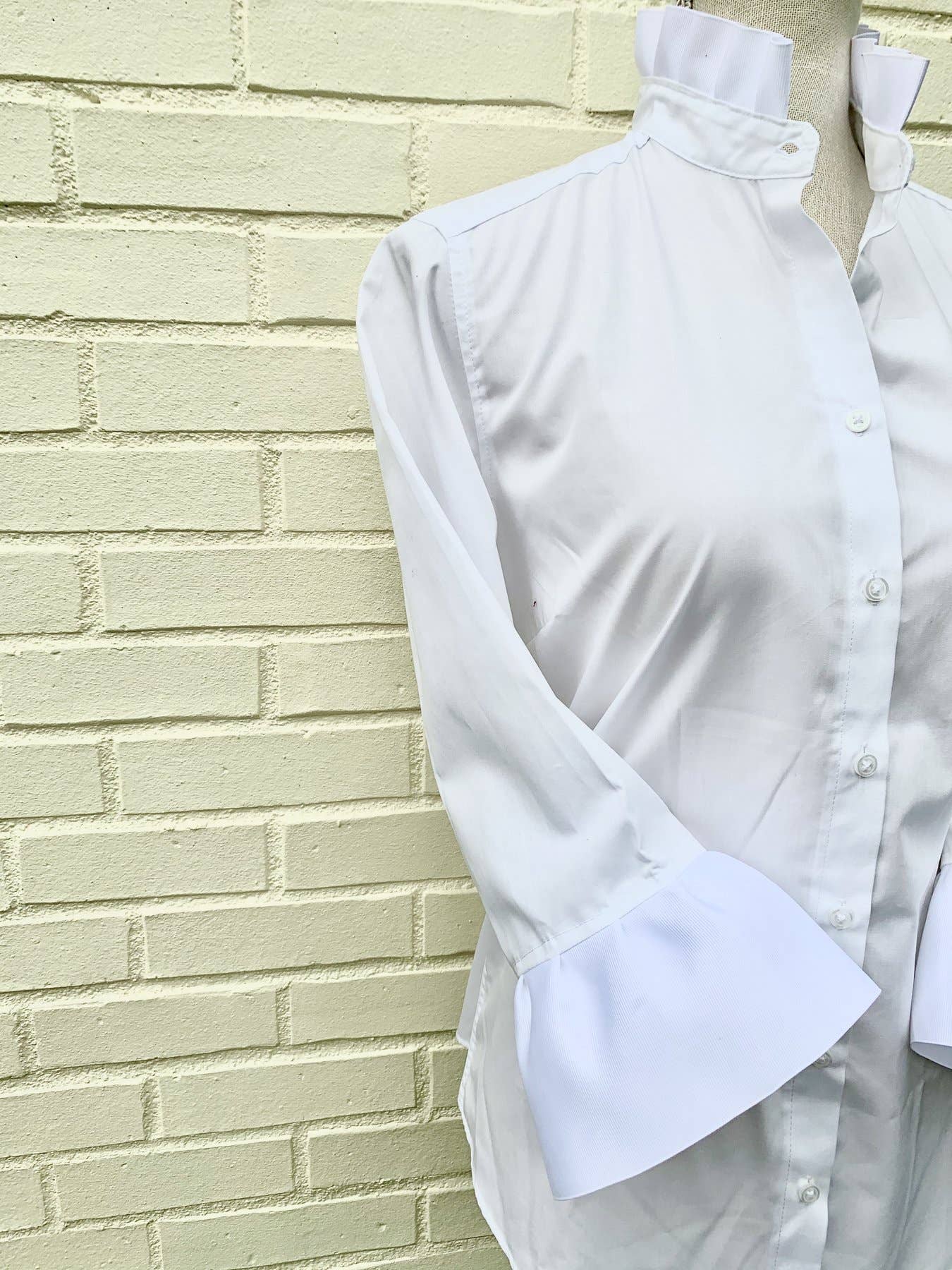Pearly Vine - Wholesale Button Down Shirt - Women's - Barbara Ann Poplin Ribbon Trim 3/4 Sleeve - White White1