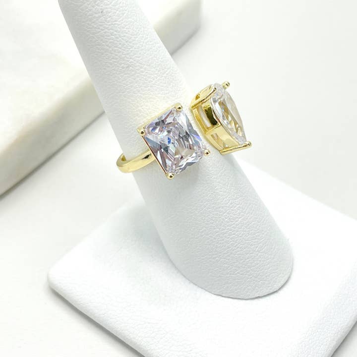 Luxus Accessories - Wholesale Multi-Stone Ring - 18k Gold Filled White Cubic Zirconia Adjustable Square & Drop Ring3