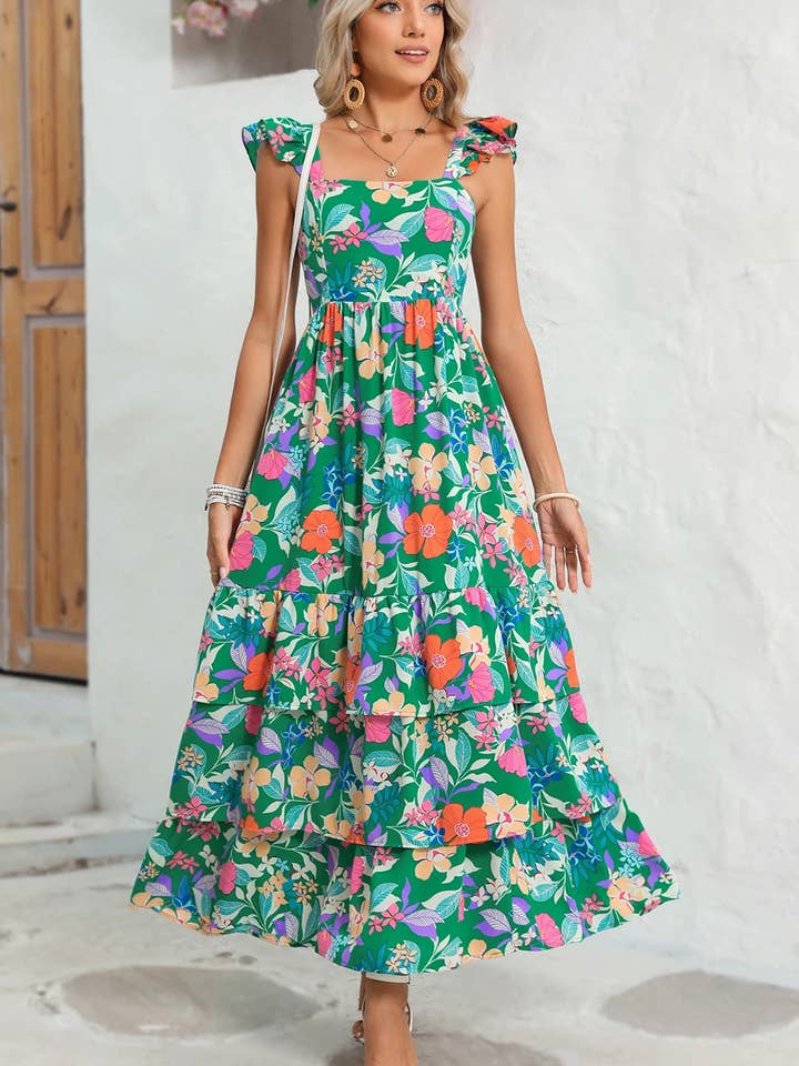 Green Floral Ruffle Tiered Maxi Dress for wholesale on Faire
