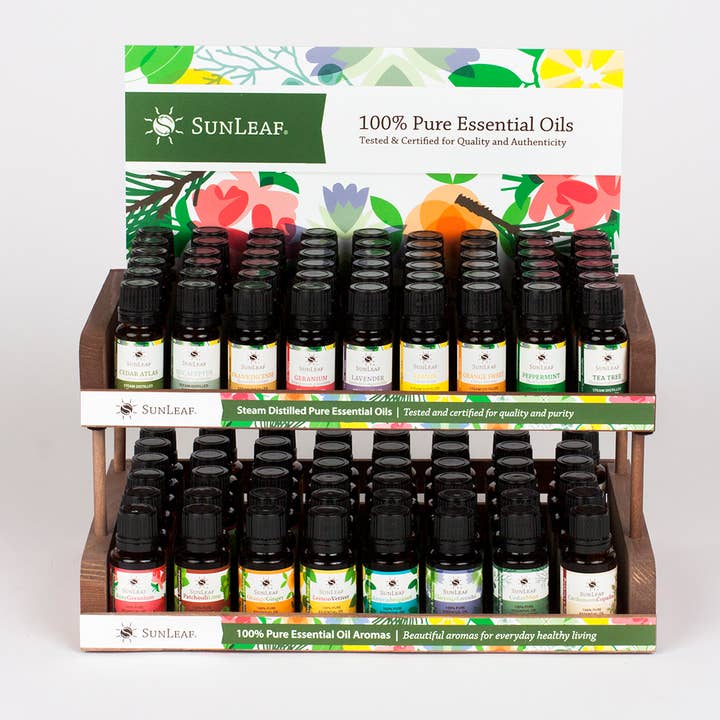 Présentoir - 15 ml Mélanges d'huiles essentielles et 10 ml simple note pour la vente par SunLeaf Naturals