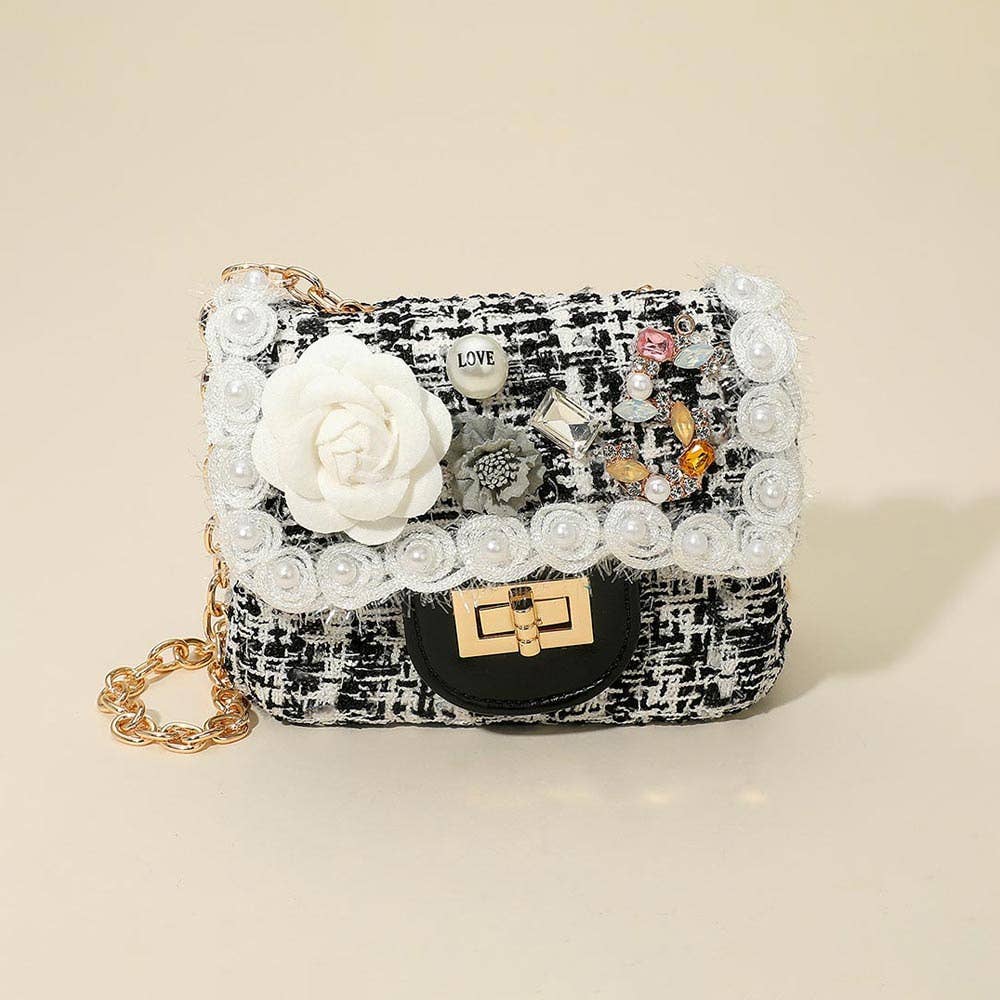 Sensibling Corp. - Wholesale Crossbody Bag - Women's - Floral Pearl Stone Cluster Embellished Tweed Mini Handbag / Crossbody Bag4