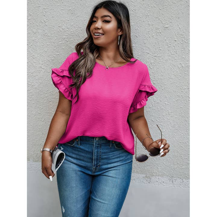 FUCHSIA Plus Size Round Neck Ruffle Solid Loose Shirt for wholesale on Faire