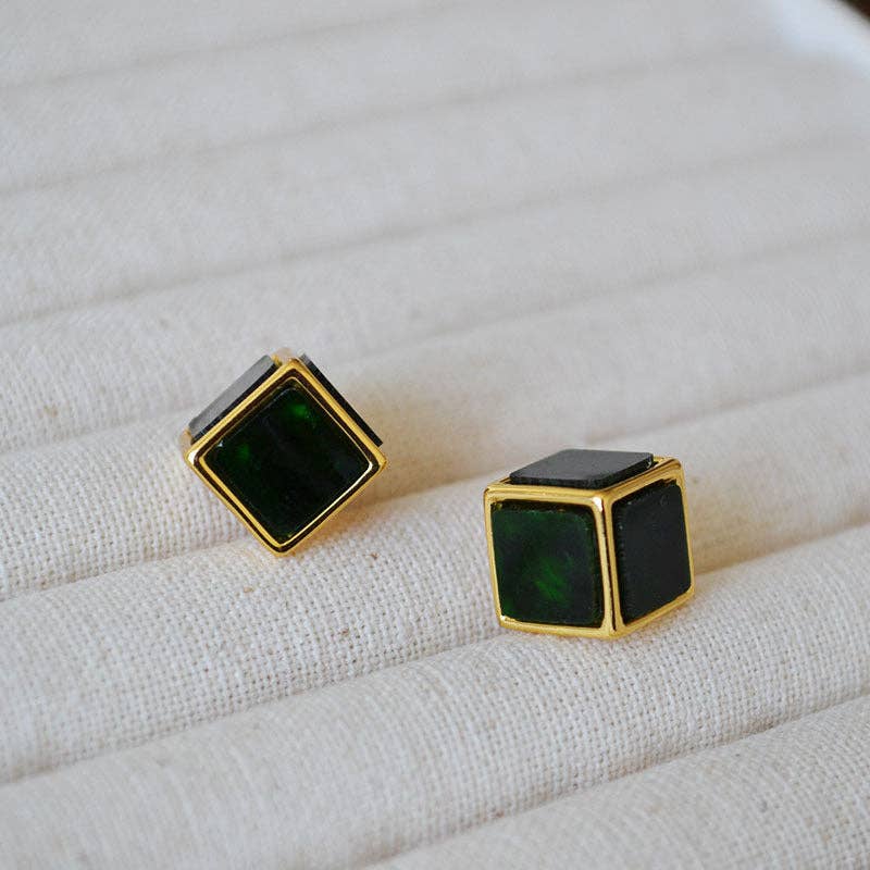 Revelari - Wholesale Stud/Post Earrings - Gold and Green Cube Stud Earrings1