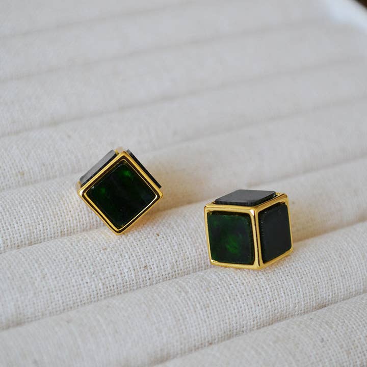 Revelari - Wholesale Stud/Post Earrings - Gold and Green Cube Stud Earrings1