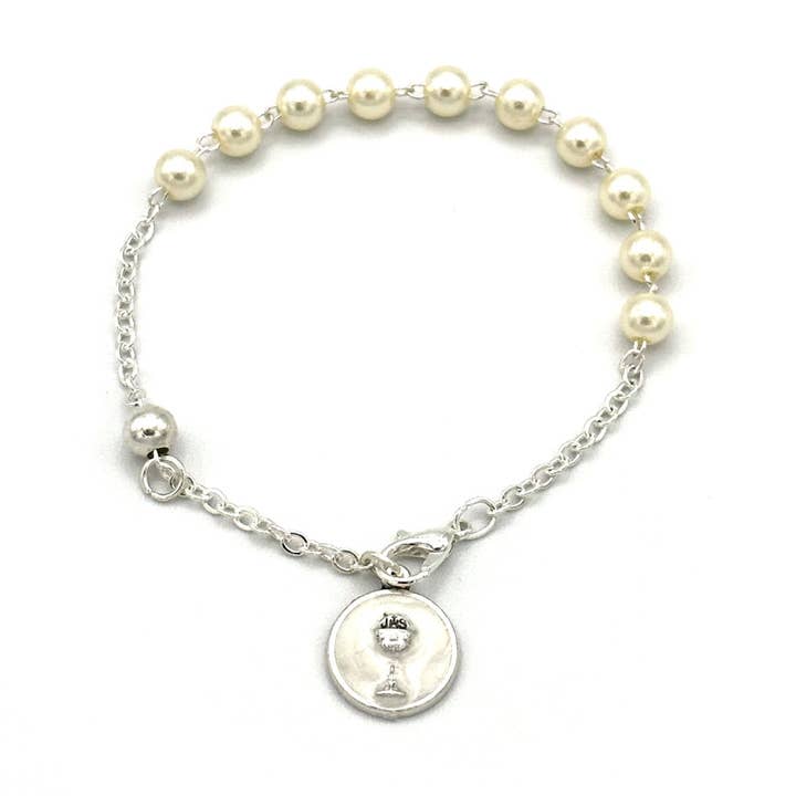 First Communion White Pearl Glass Beads Rosary Bracelet for wholesale by RM Trading