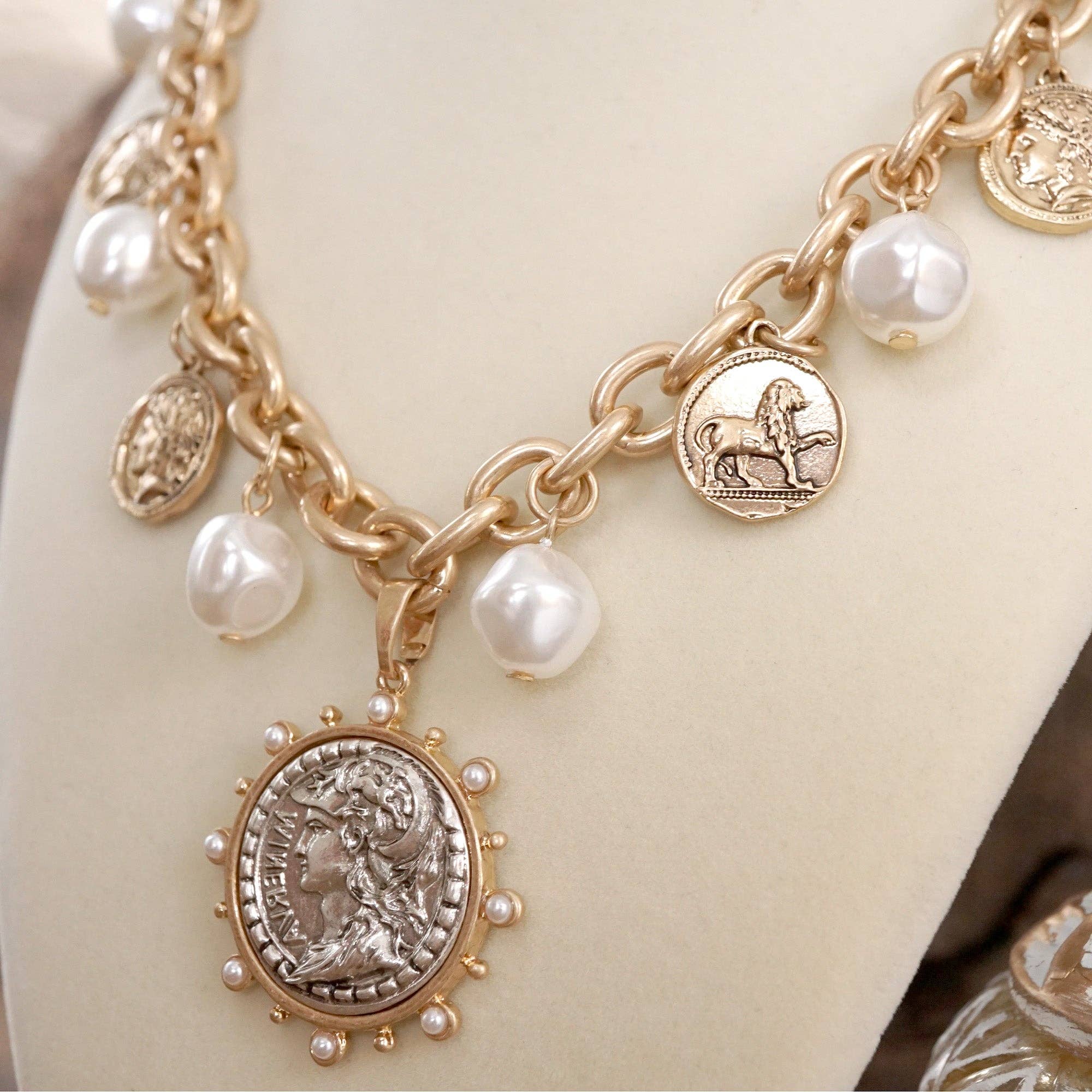 PennyLine inc - Wholesale Pendant/Charm Necklace - Boho Coin and Pearl Charms Statement Necklace – Gold and Silver Tone6
