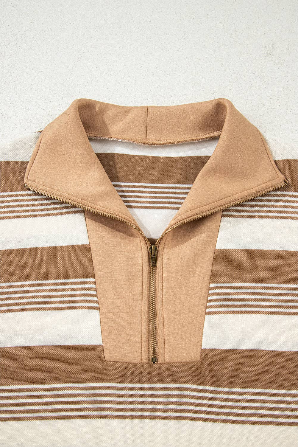 Khaki Stripe Zip Collar Patchwork Vintage Fashion Sweatshirt for wholesale on Faire2
