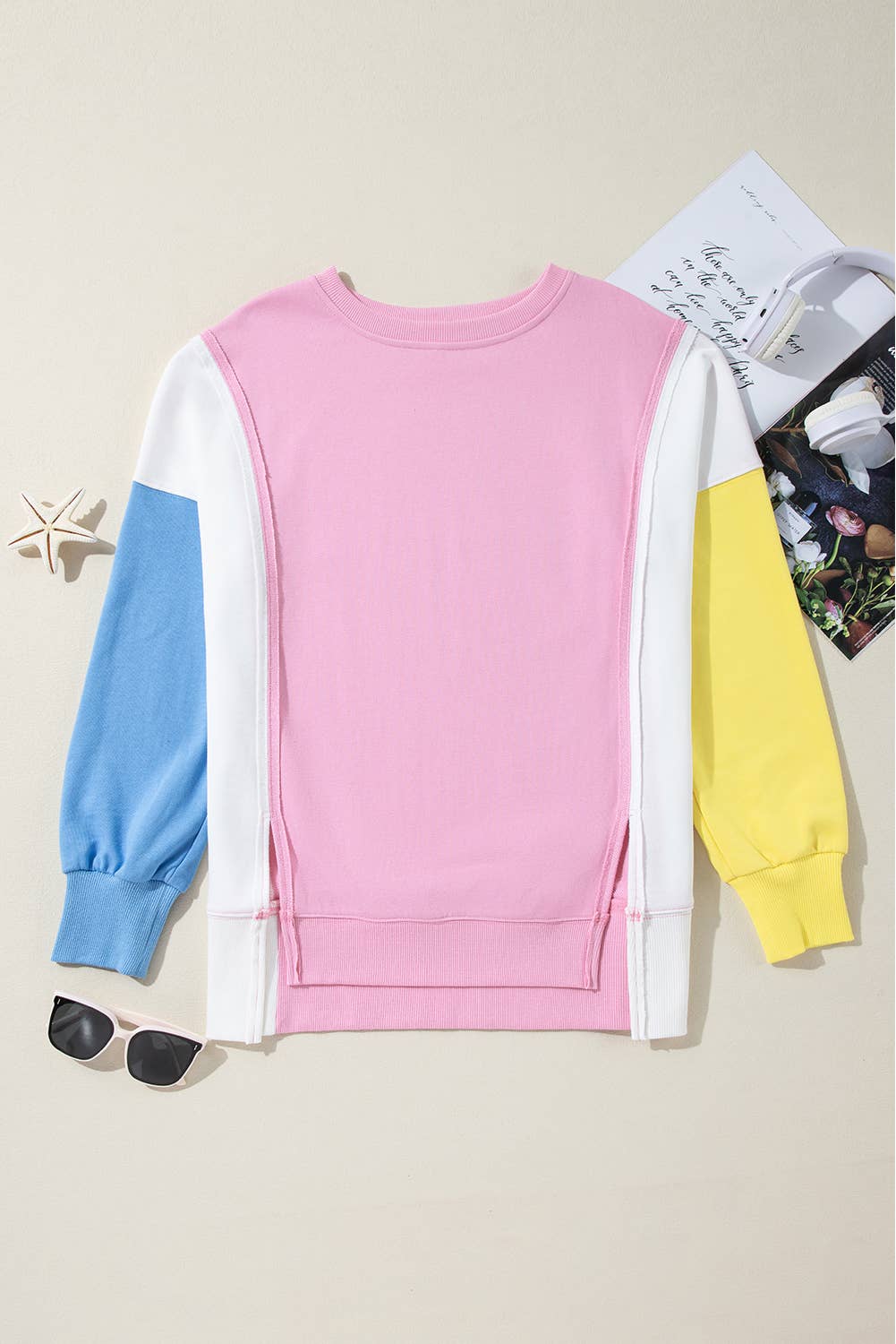 Multi Colored Color Block Exposed Seam Side Slits Crewneck Sweatshirt for wholesale on Faire3