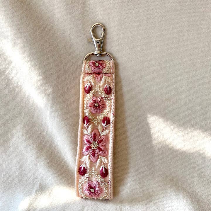 Temple of Treasure - Wholesale Keychain - Women's - Frost Bloom ~ floral fabric keychain with hook ~ pink
