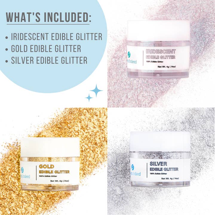 Sweets Indeed - Wholesale Cocktail Mix/Syrup - New Year Edible Glitter 3 Pack - Silver, Gold, Iridescent