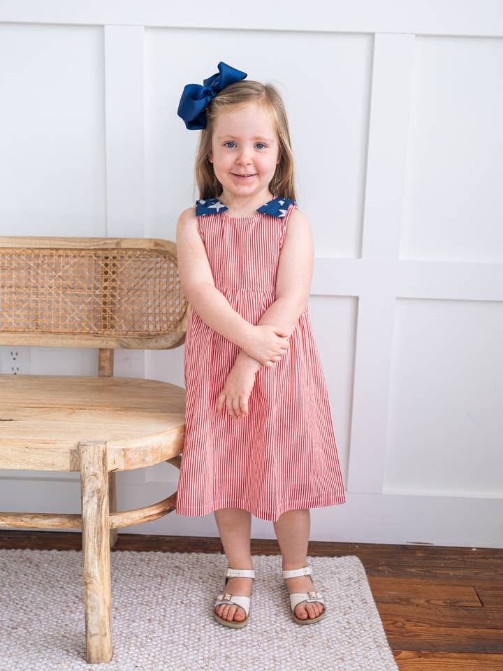 Stars & Red Striped Printed Bow Gathered Dress for wholesale by Yo Baby