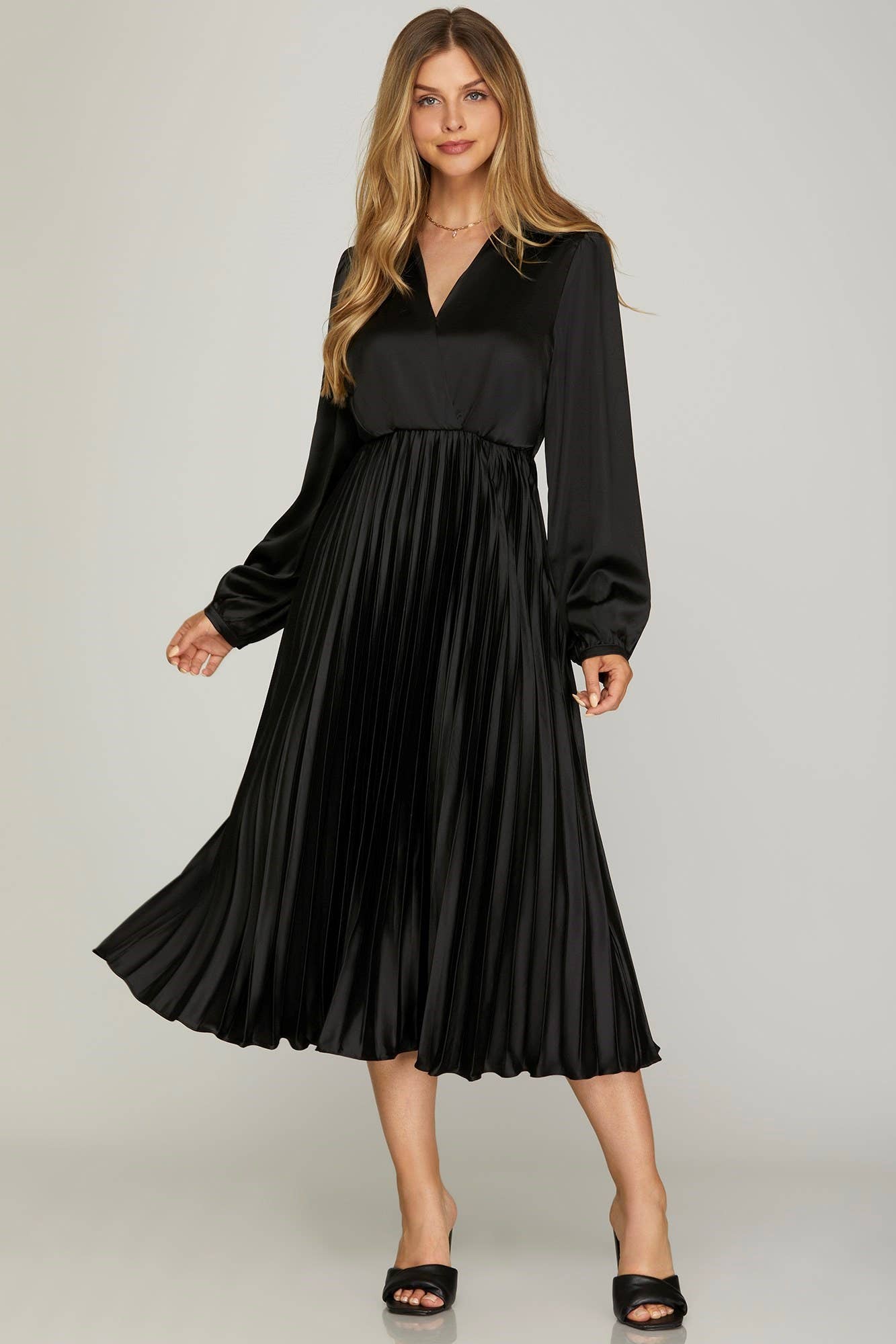 Vanilla Monkey - Wholesale Dress - Women's - Surplice Long Sleeve Woven Satin Pleated Midi Dress0
