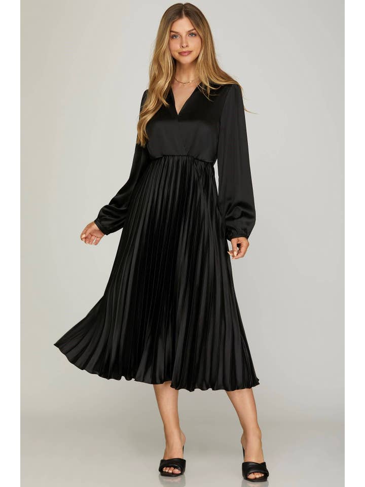 Vanilla Monkey - Wholesale Dress - Women's - Surplice Long Sleeve Woven Satin Pleated Midi Dress