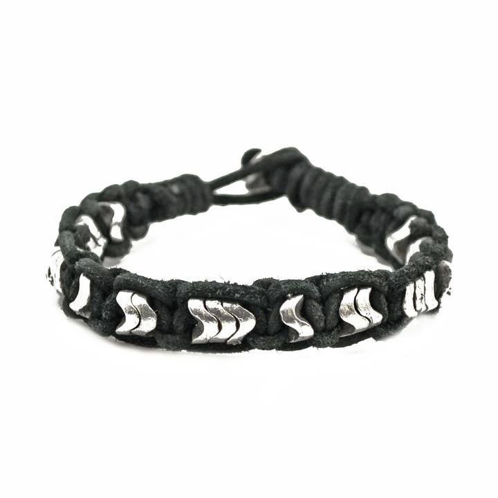 Aadi Silver Wavy Beads with Black Leather Men's Bracelet for wholesale by Anju Jewelry