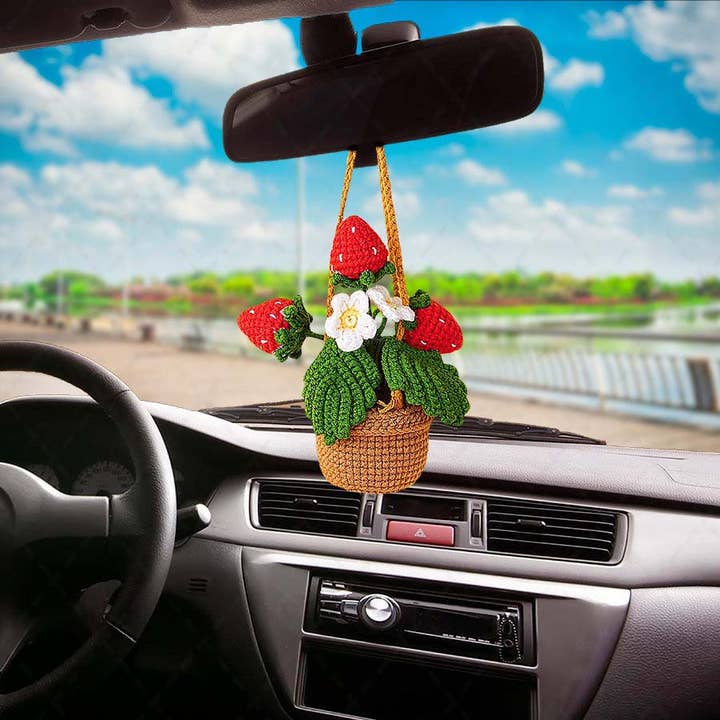 TOMOPOD LLC - Wholesale Car Decorative Charm - Women's - Crochet Strawberry & Daisy Flowers Plant Car Mirror Hanging