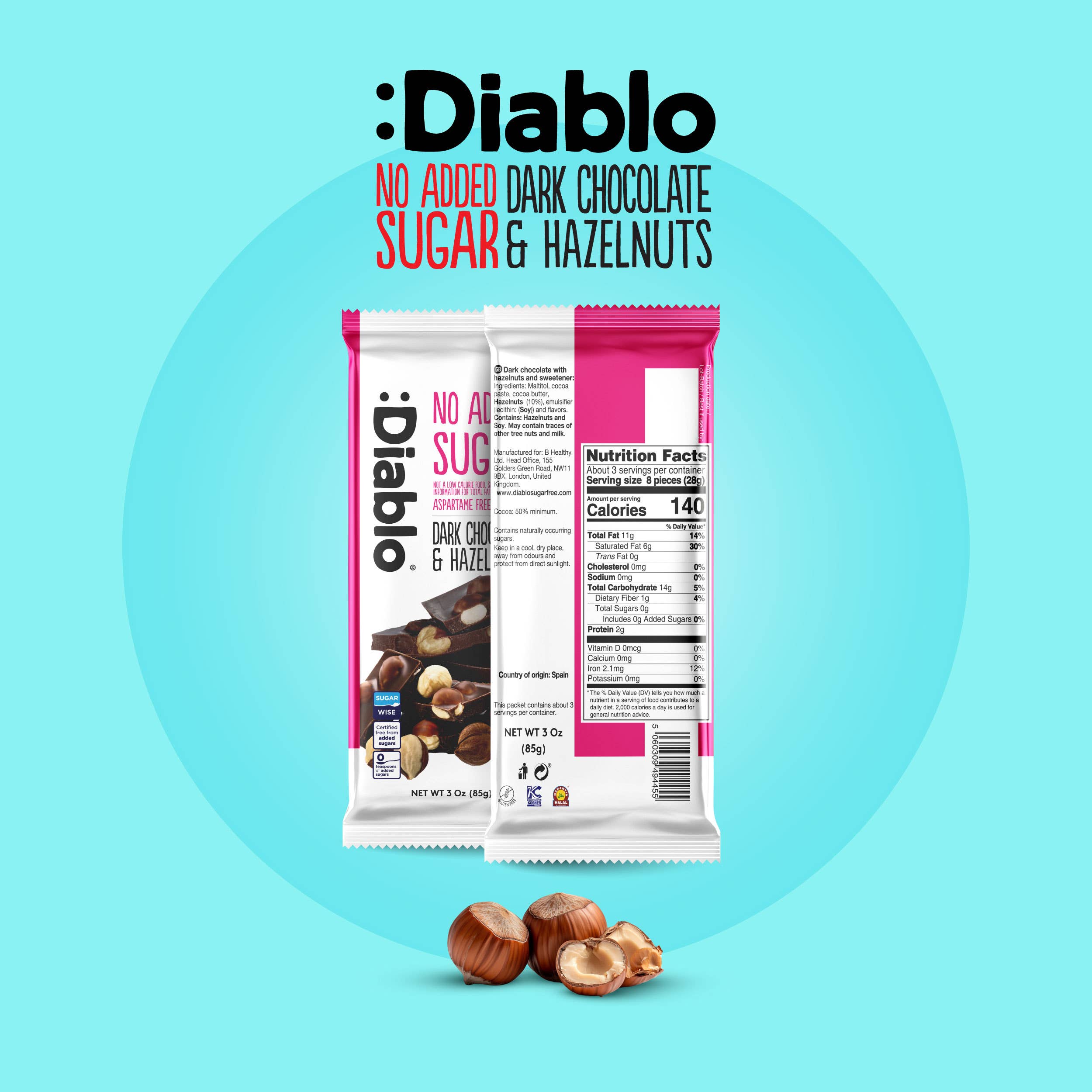 Diablo Sugar Free – Großhandel Schokoriegel – Diablo NAS Dunkle Schokolade mit Haselnuss 85g x 151